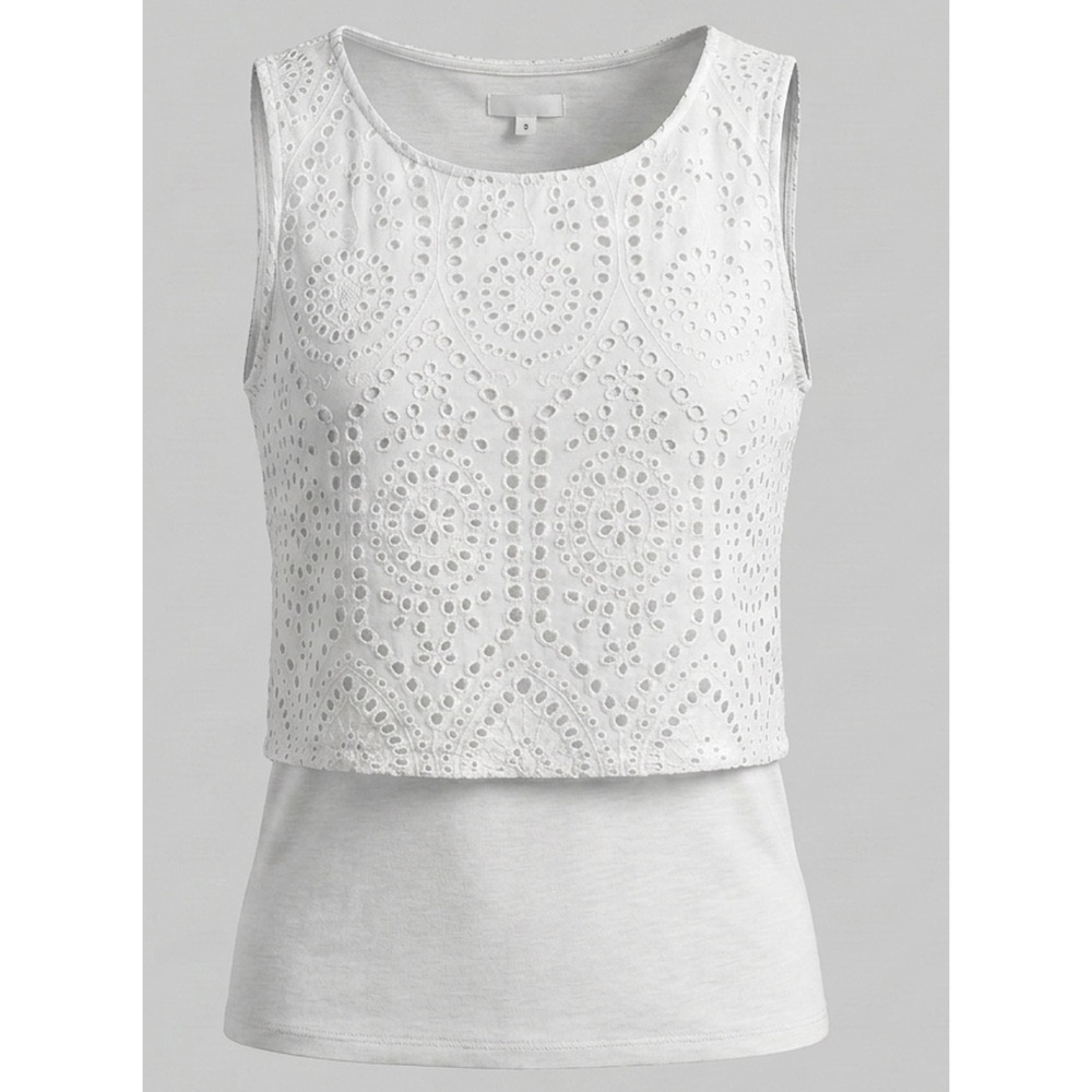J. Jill Eyelet Overlay Long‎ Tank Top Women S White Layered Sleeveless Boho
